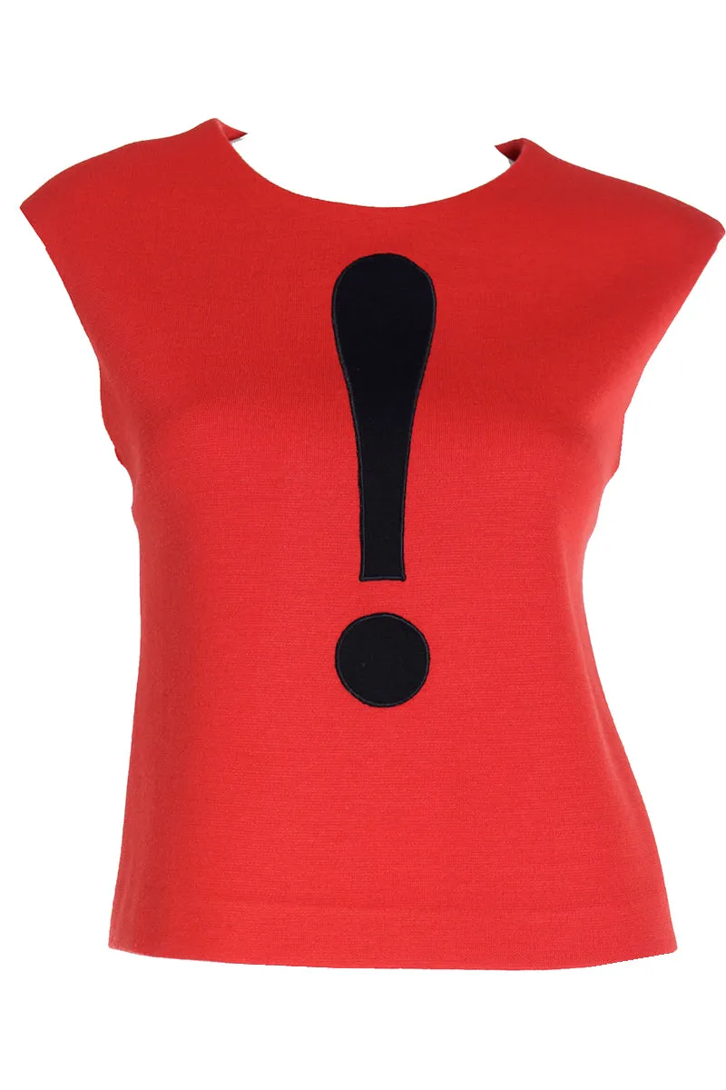 1990s Moschino Red Sleeveless Wool Blend Top w Exclamation Point