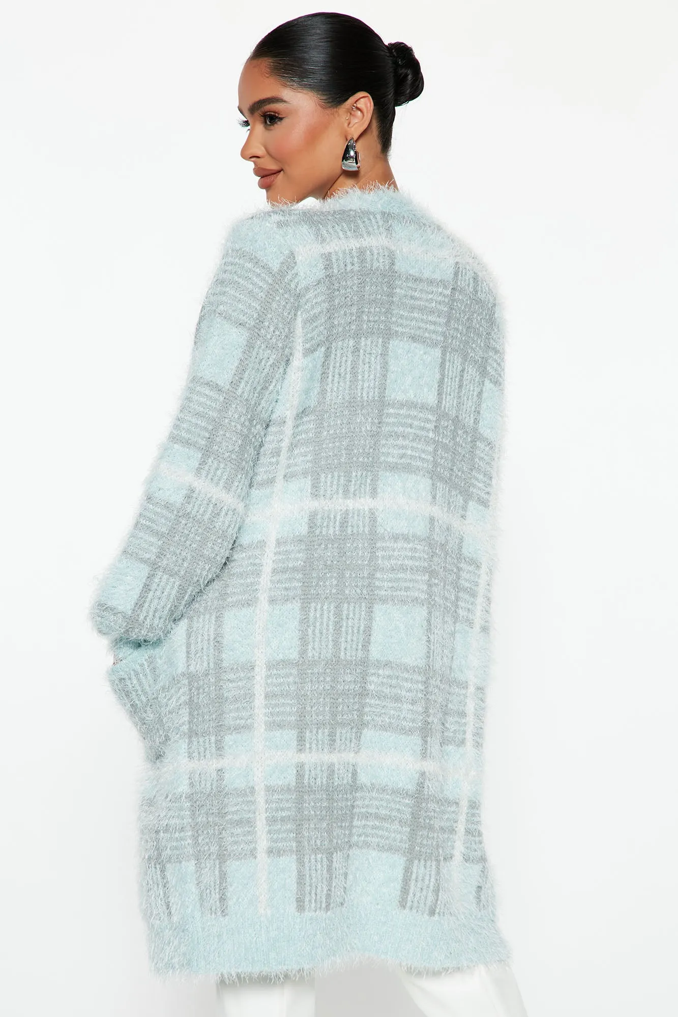 After Class Fuzzy Plaid Cardigan - Blue/combo