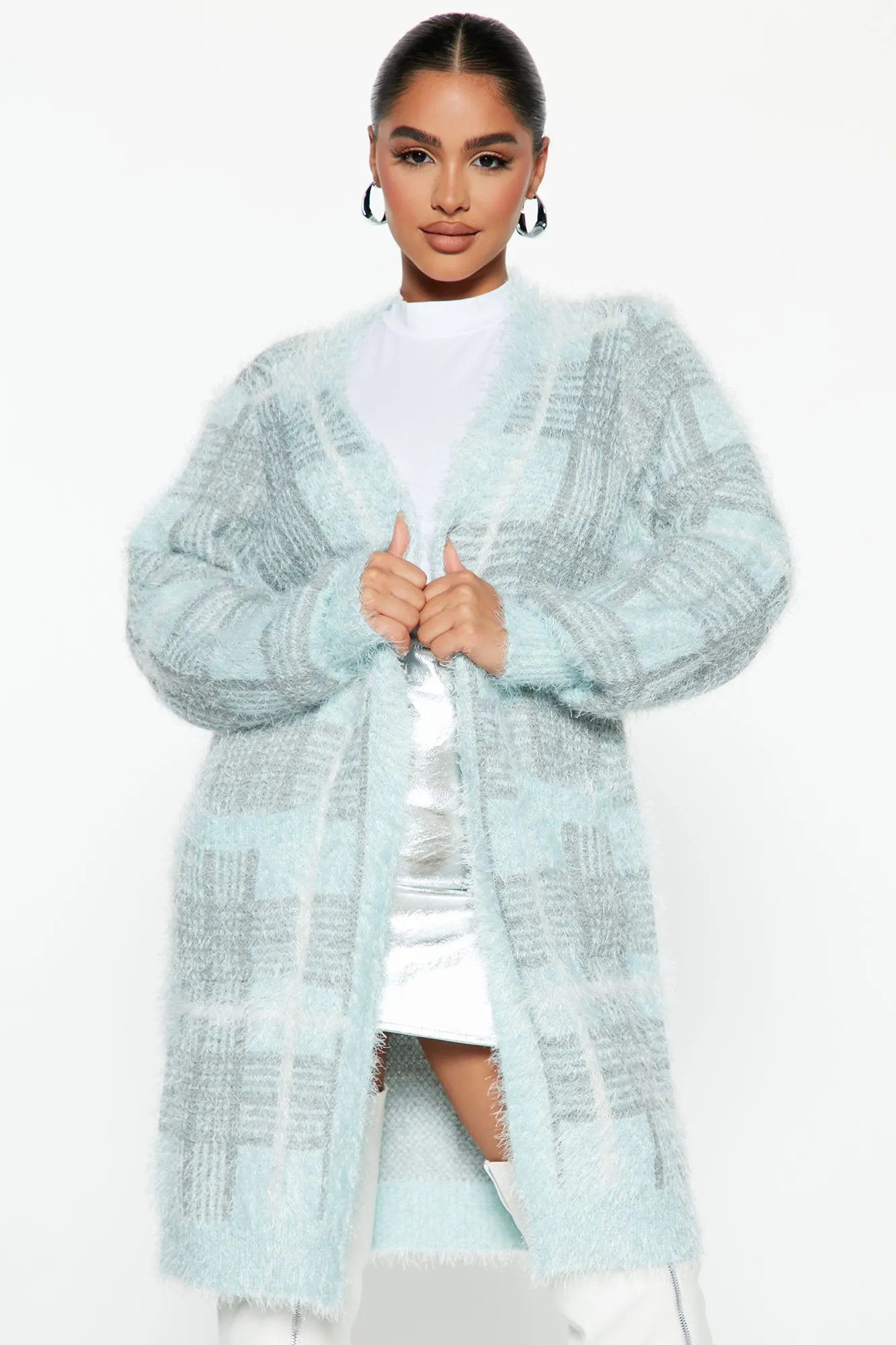 After Class Fuzzy Plaid Cardigan - Blue/combo