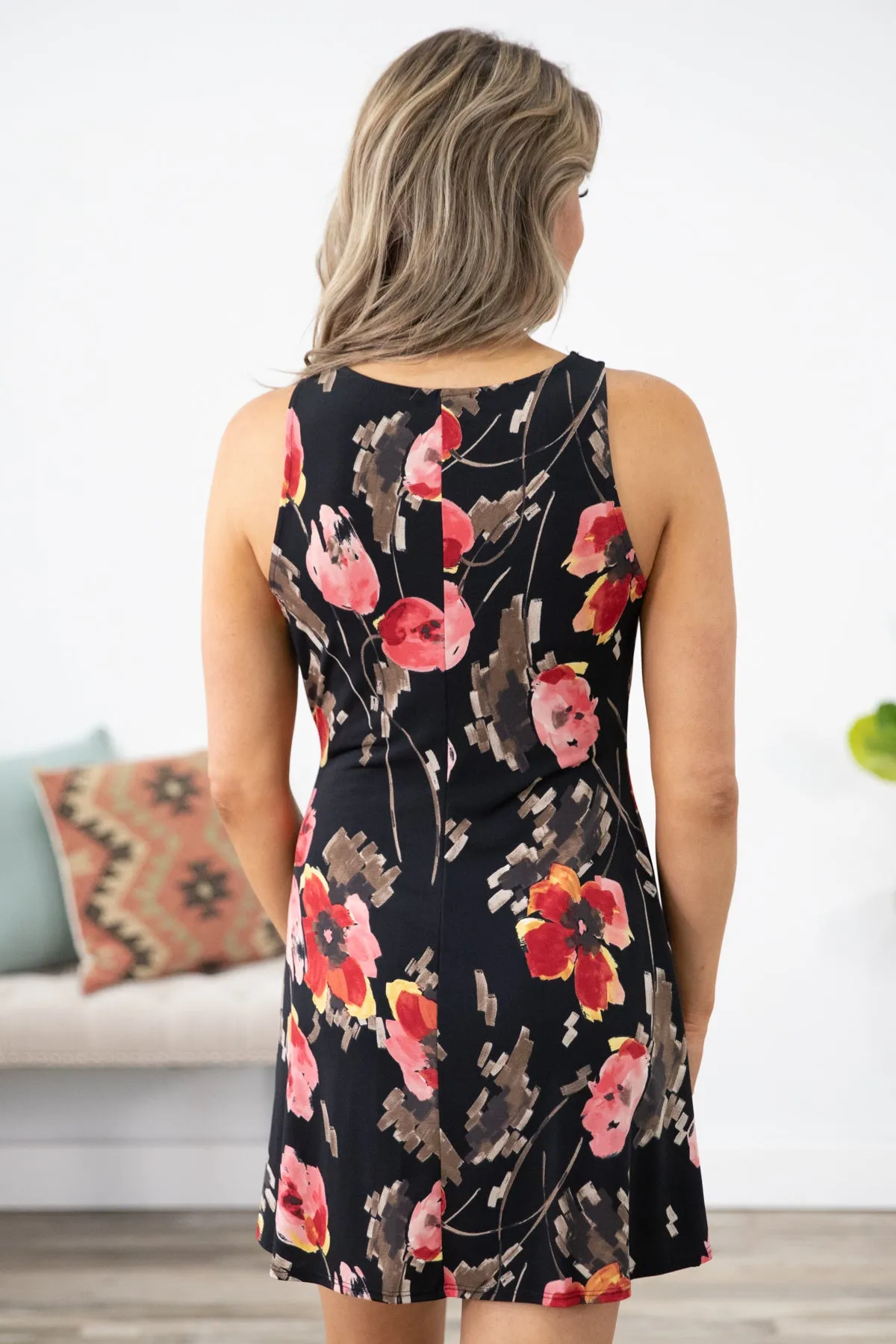 Black and Pink Floral Print Shift Dress