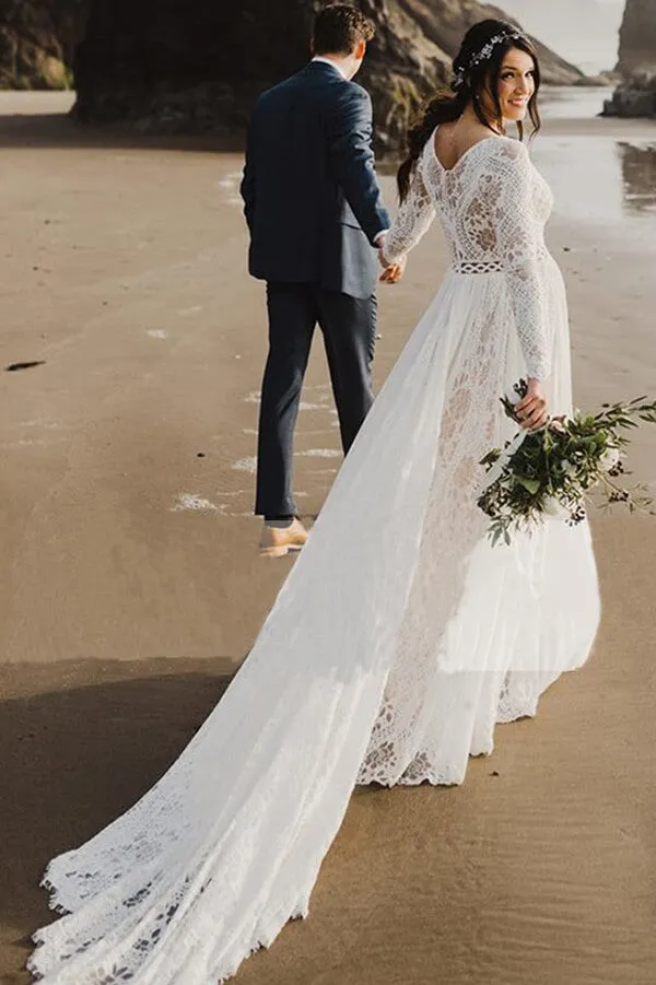 Boho Long Sleeves Ivory Lace A-line Beach Wedding Dresses, Wedding Gown, SW487