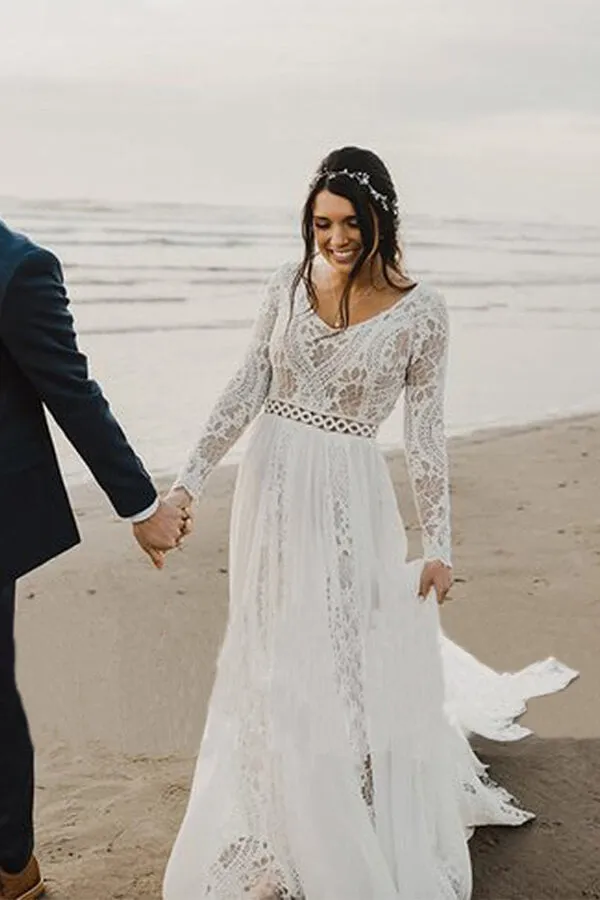 Boho Long Sleeves Ivory Lace A-line Beach Wedding Dresses, Wedding Gown, SW487