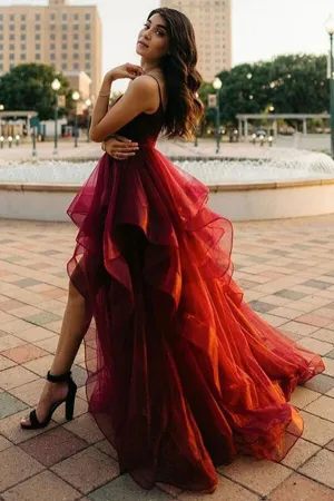 Burgundy Tulle A-line V-neck High Low Long Prom Dresses, Evening Dresses, SP823