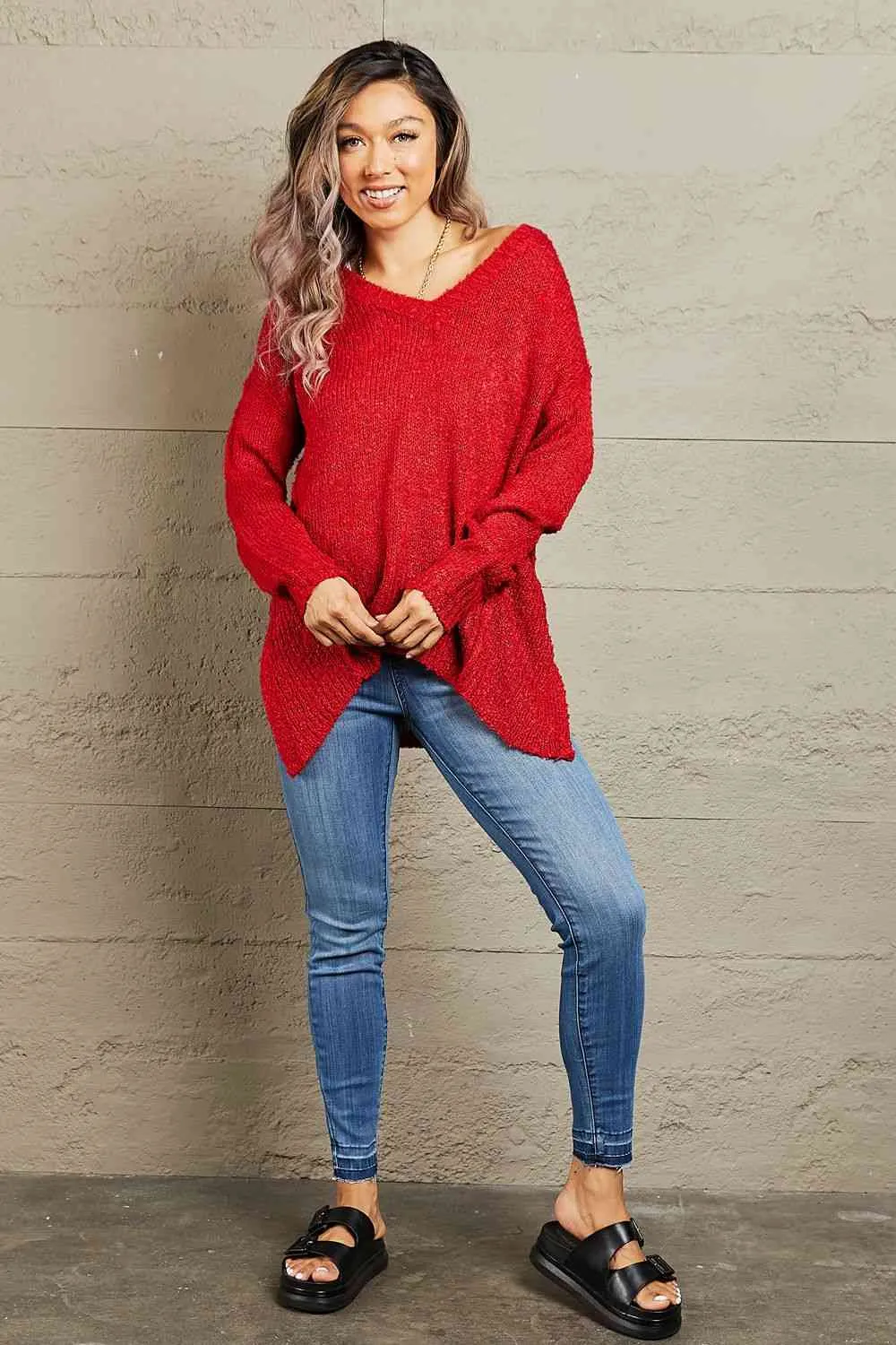 By The Fire Full Size Draped Detail Knit Sweater