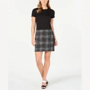 Calvin Klein Women's Black Zippered Plaid Short Sleeve Dress, Size 1