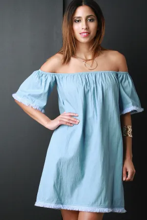 Chambray Frayed Hem Off-The-Shoulder Shift Dress