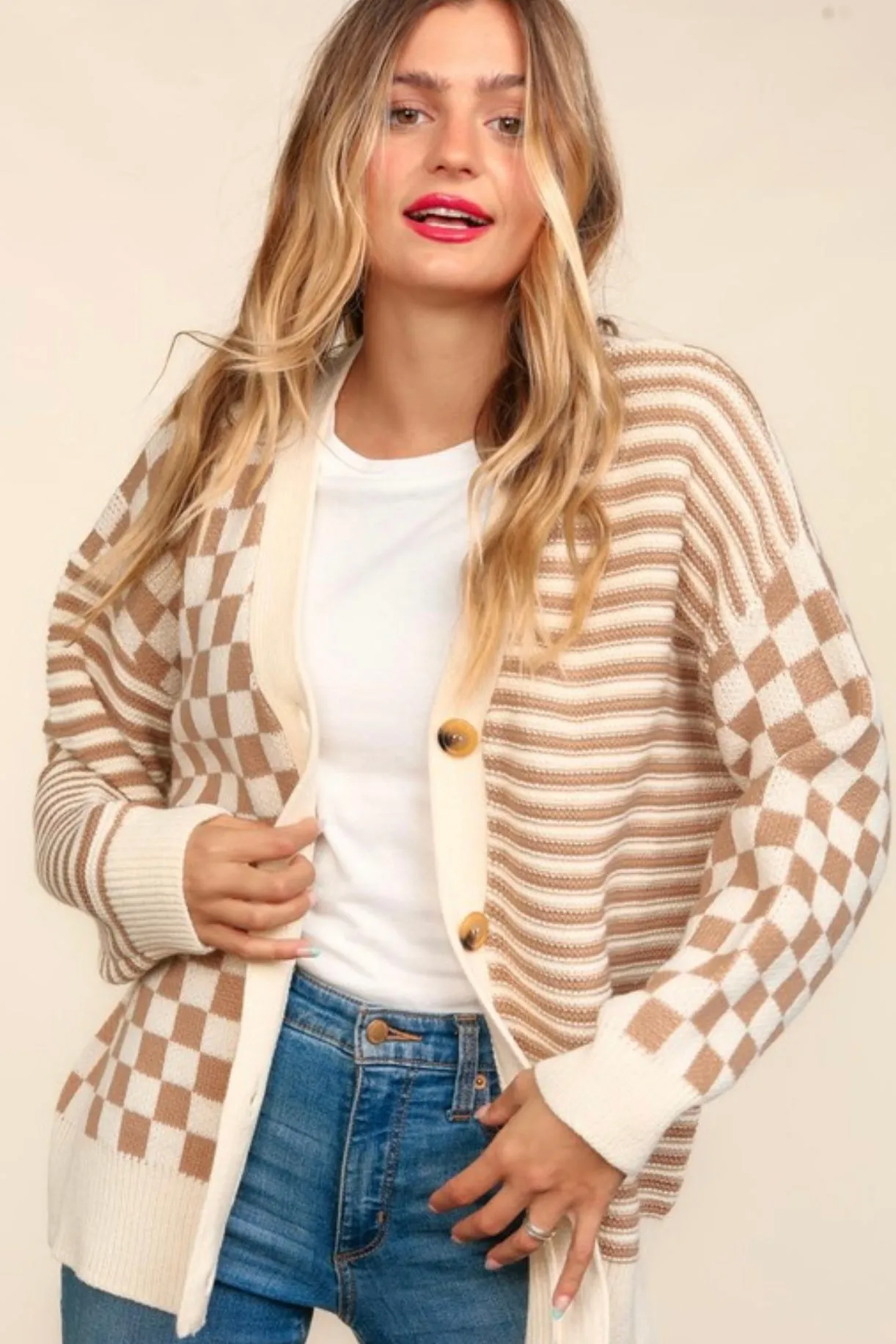 Checks & Stripes Taupe Cardigan