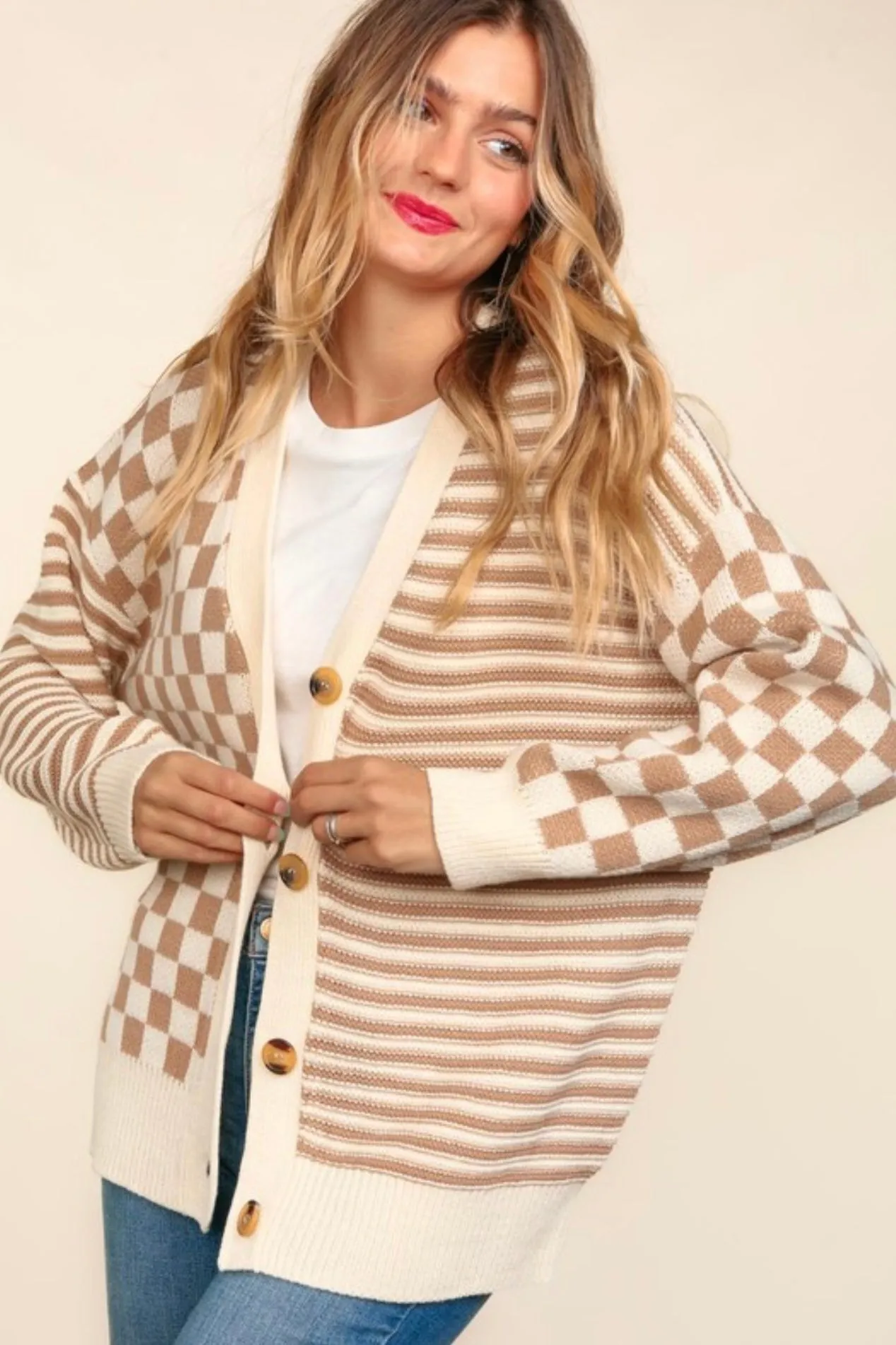 Checks & Stripes Taupe Cardigan