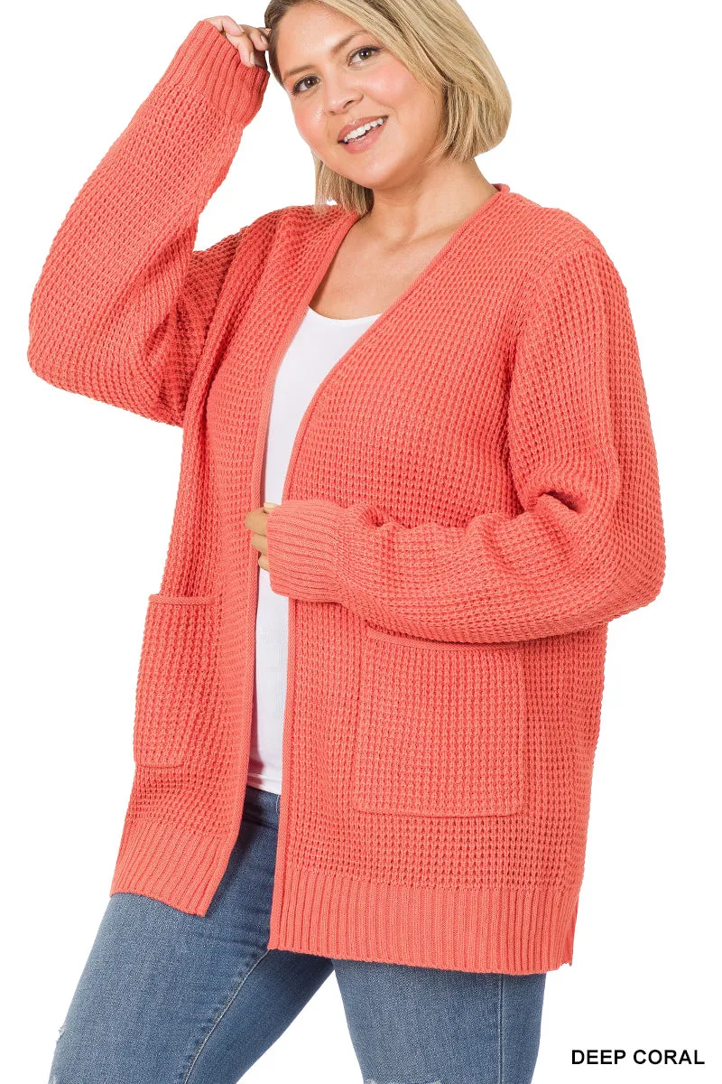 CURVY LOW GAUGE WAFFLE OPEN CARDIGAN SWEATER