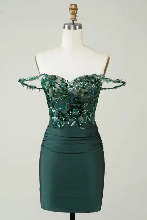 Dark Green Off-the-Shoulder Sheath Homecoming Dress with Appliques