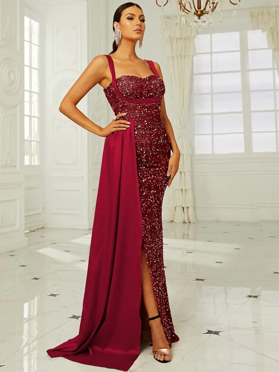 Elegant High Waist Ribbon Sequin Maxi Prom Dress XH2162