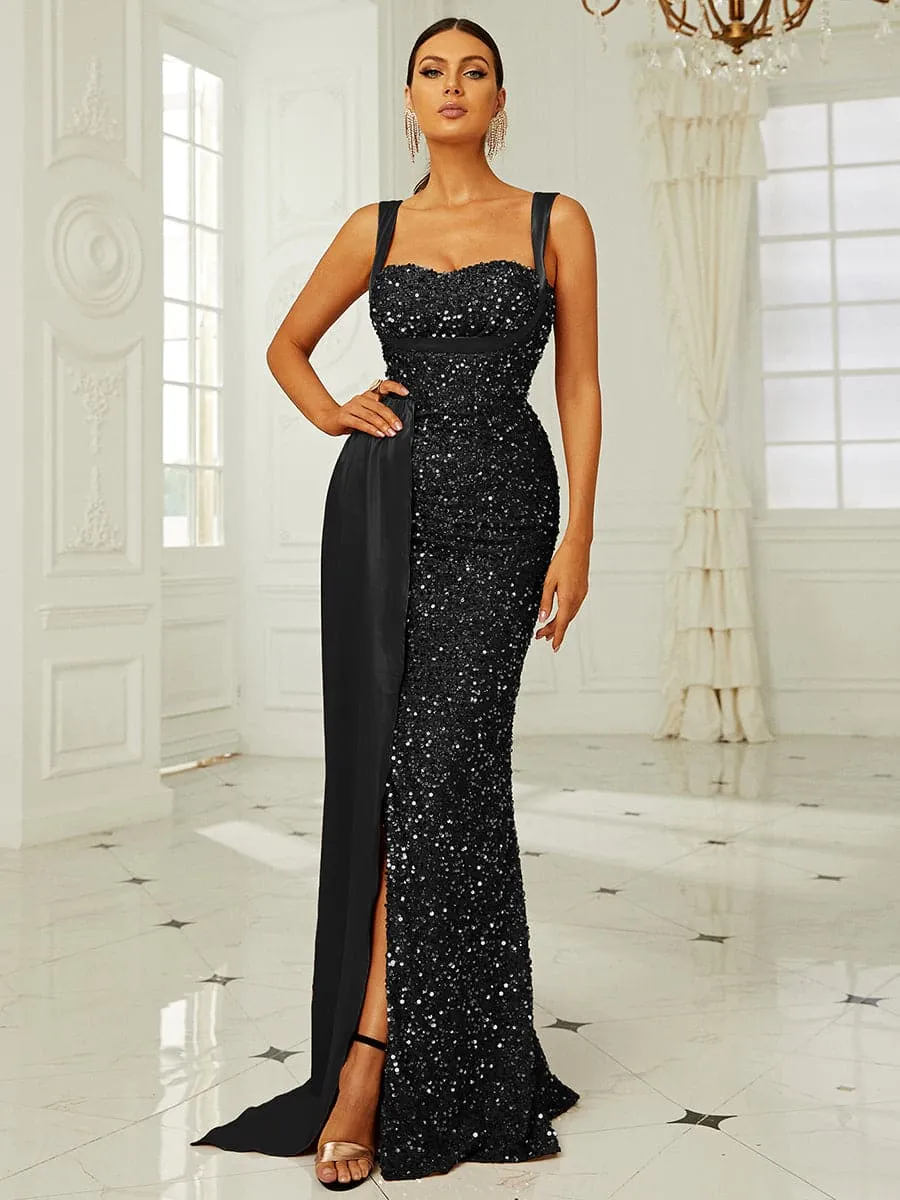 Elegant High Waist Ribbon Sequin Maxi Prom Dress XH2162