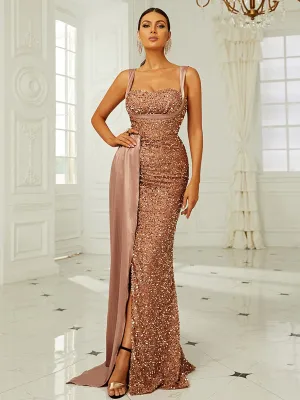 Elegant High Waist Ribbon Sequin Maxi Prom Dress XH2162