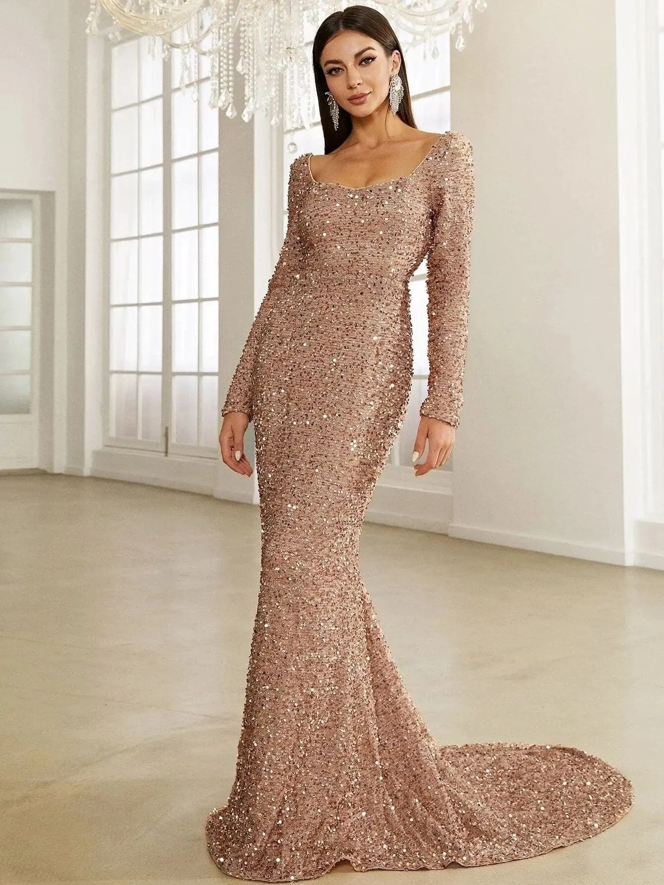 Floor Length Sequin Dress XJ429