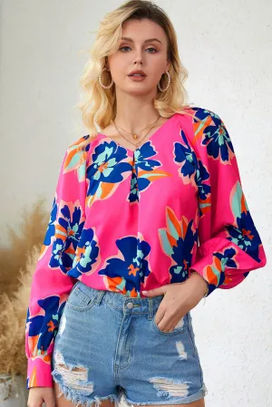 Floral Print V-Neck Lantern Sleeve Blouse