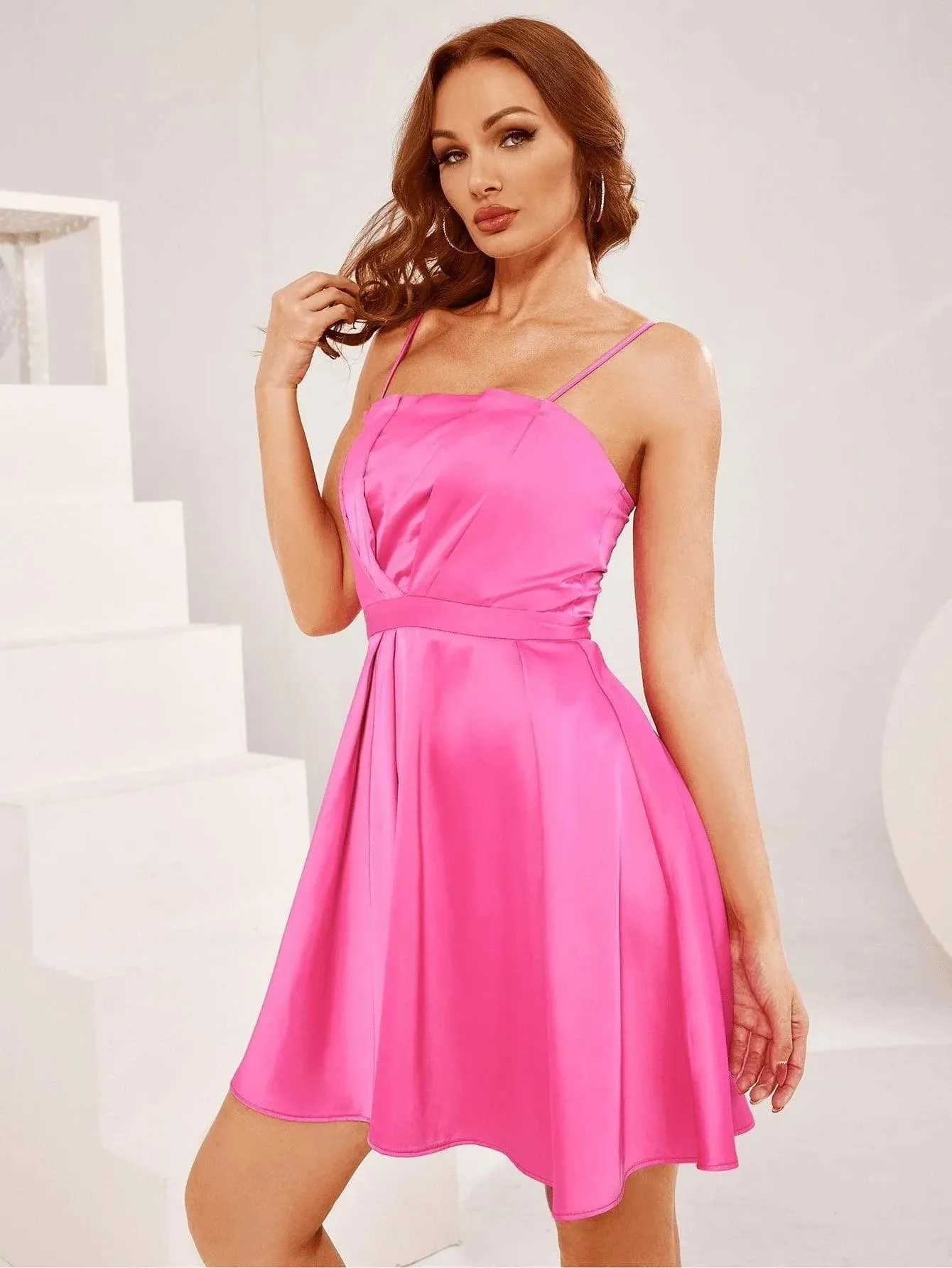 Fold Pleated Satin Cami Dress