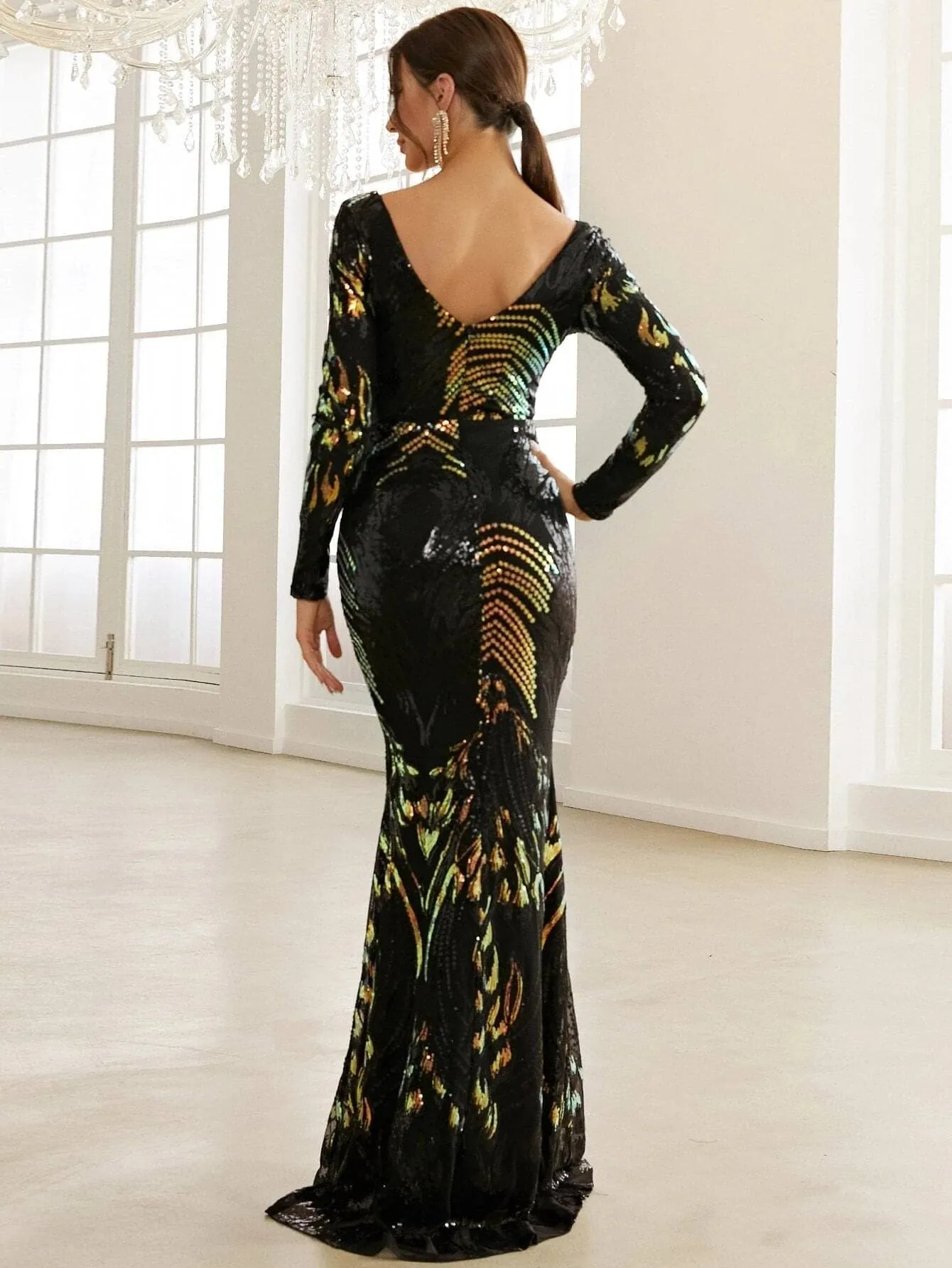 Formal Contrast Mesh Sequins Bodycon Evening Dress XH1683