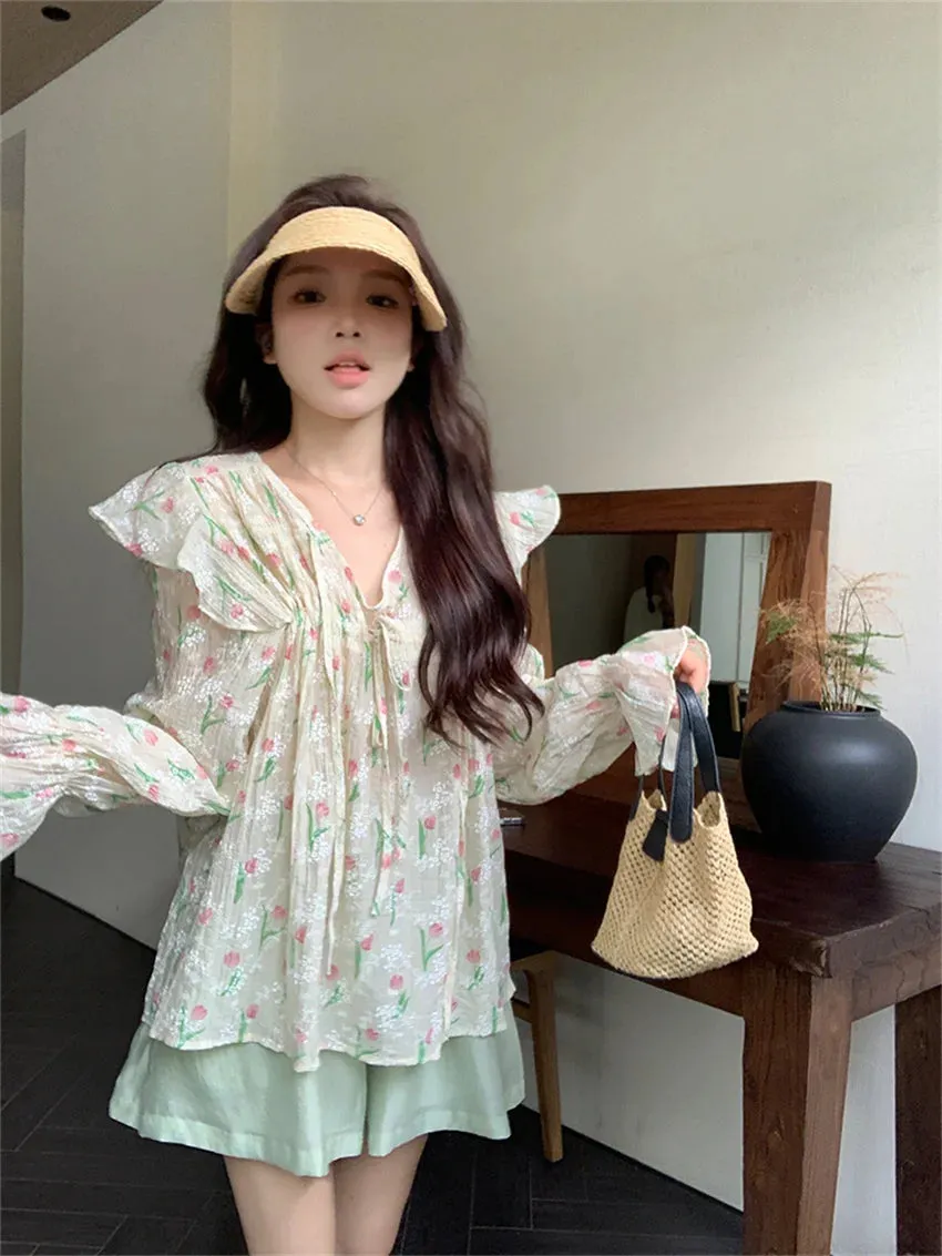 Girlary Autumn Chic Sweet Blouses Women Printed 2023 Full Sleeve New V-Neck Slim Loose Daily Elegant Office Lady Florals