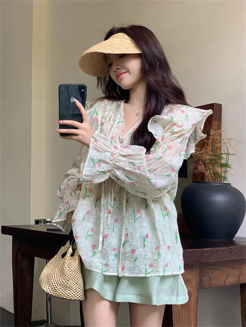 Girlary Autumn Chic Sweet Blouses Women Printed 2023 Full Sleeve New V-Neck Slim Loose Daily Elegant Office Lady Florals