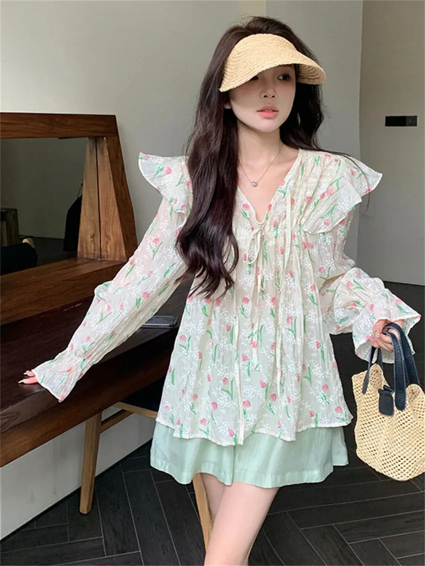 Girlary Autumn Chic Sweet Blouses Women Printed 2023 Full Sleeve New V-Neck Slim Loose Daily Elegant Office Lady Florals