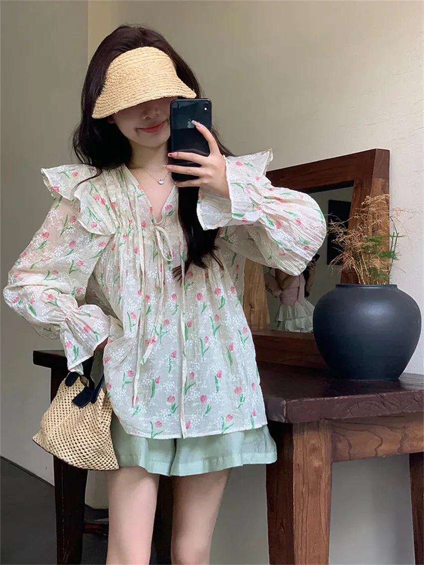 Girlary Autumn Chic Sweet Blouses Women Printed 2023 Full Sleeve New V-Neck Slim Loose Daily Elegant Office Lady Florals