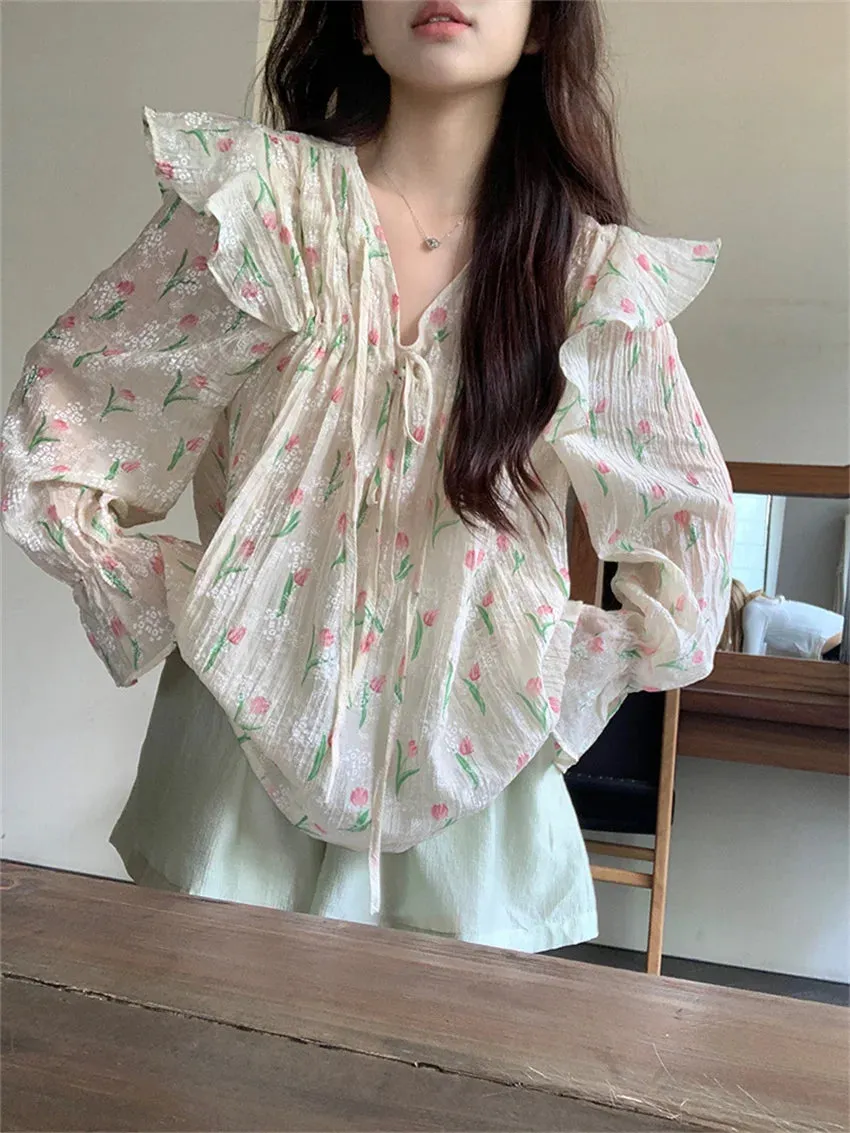 Girlary Autumn Chic Sweet Blouses Women Printed 2023 Full Sleeve New V-Neck Slim Loose Daily Elegant Office Lady Florals