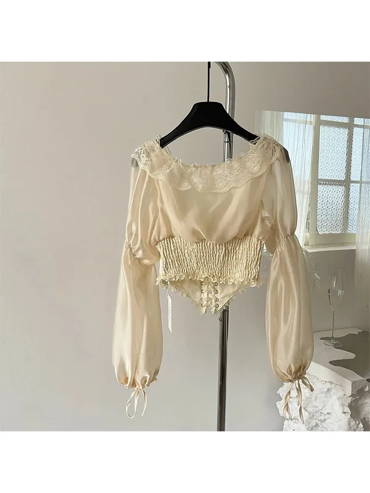 Girlary French Elegance Court Blouses Puff Sleeve Chic Crop Top Square Collar Slim Korean Office Lady Sweet Exquisite Shirts Streetwear