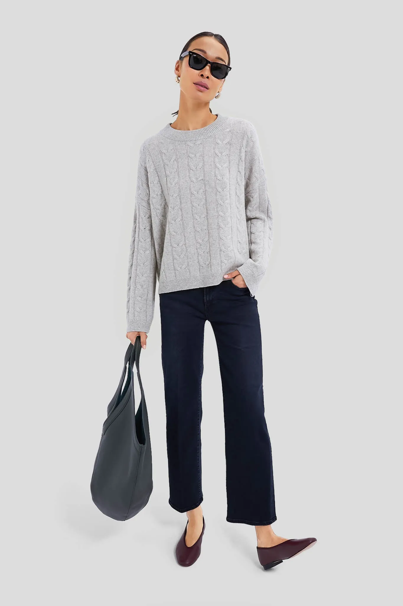 Gray Cashmere Eloise Cable Knit Boyfriend Crewneck