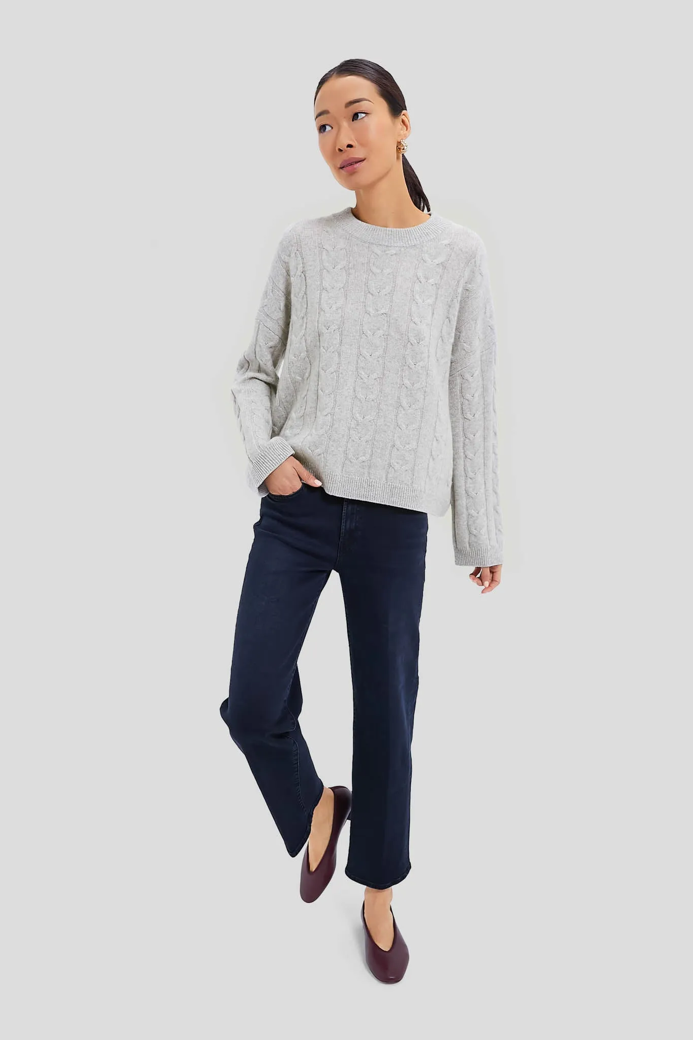 Gray Cashmere Eloise Cable Knit Boyfriend Crewneck