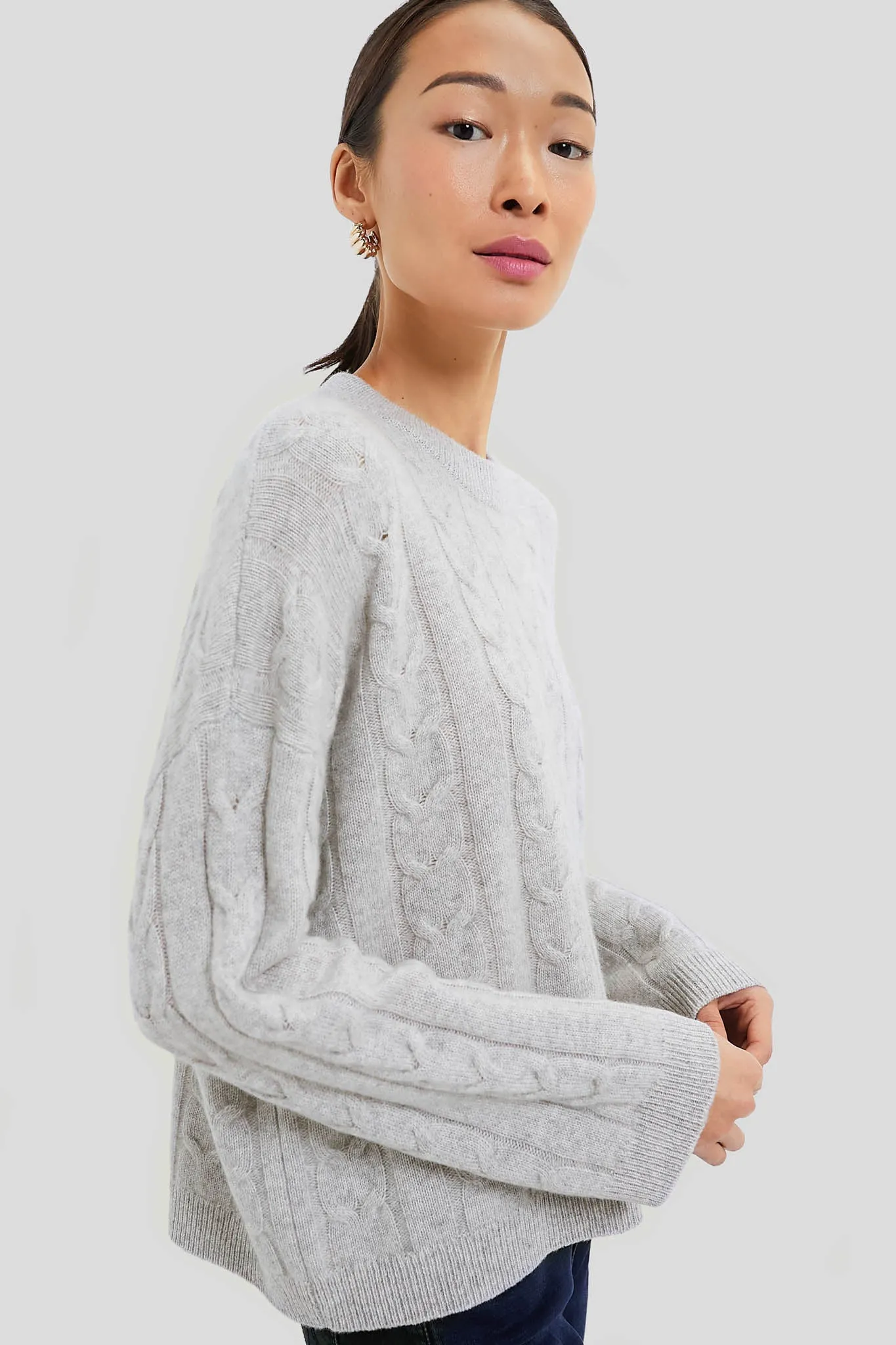 Gray Cashmere Eloise Cable Knit Boyfriend Crewneck