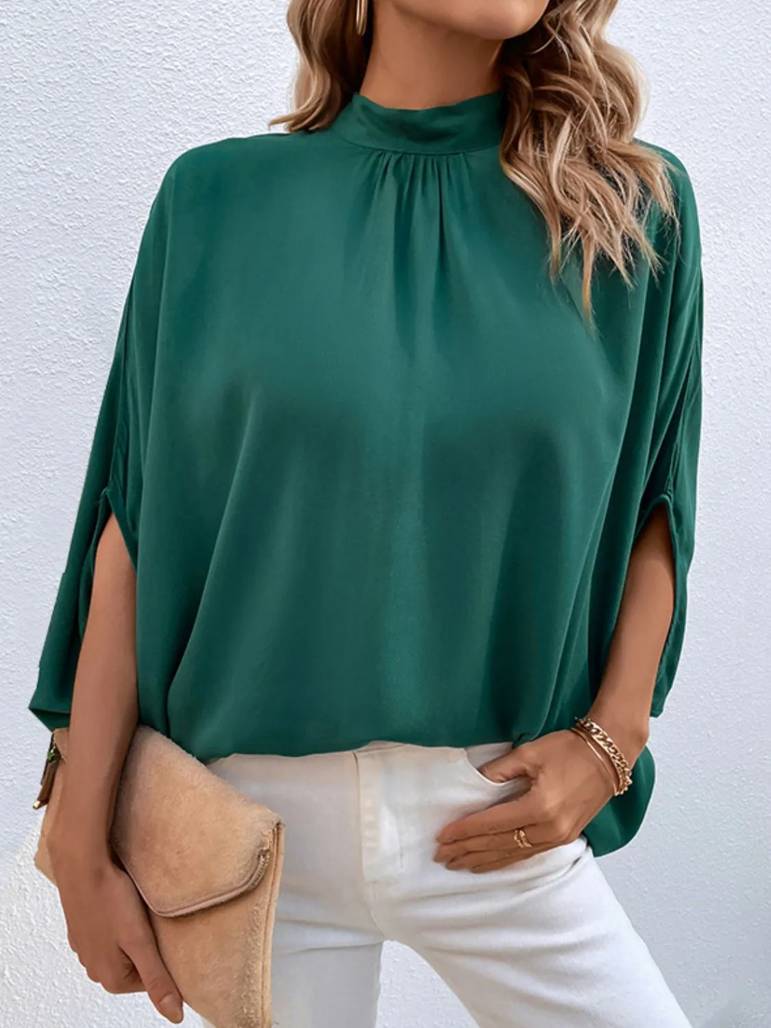 Hunter Green Tie Back Mock Neck Workwear Blouse