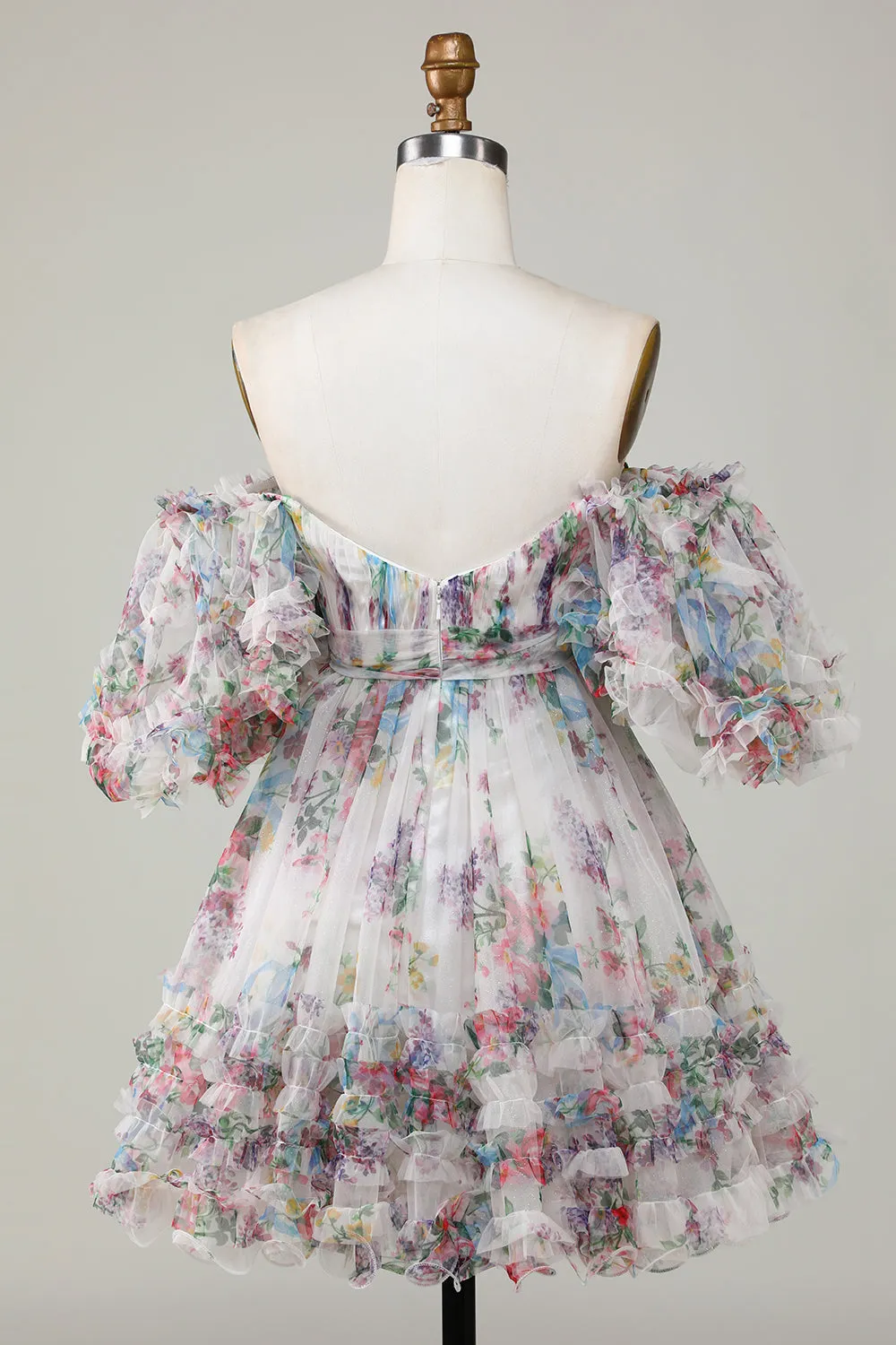 Ivory Floral Print A-Line Puff Sleeve Short Tulle Homecoming Dress