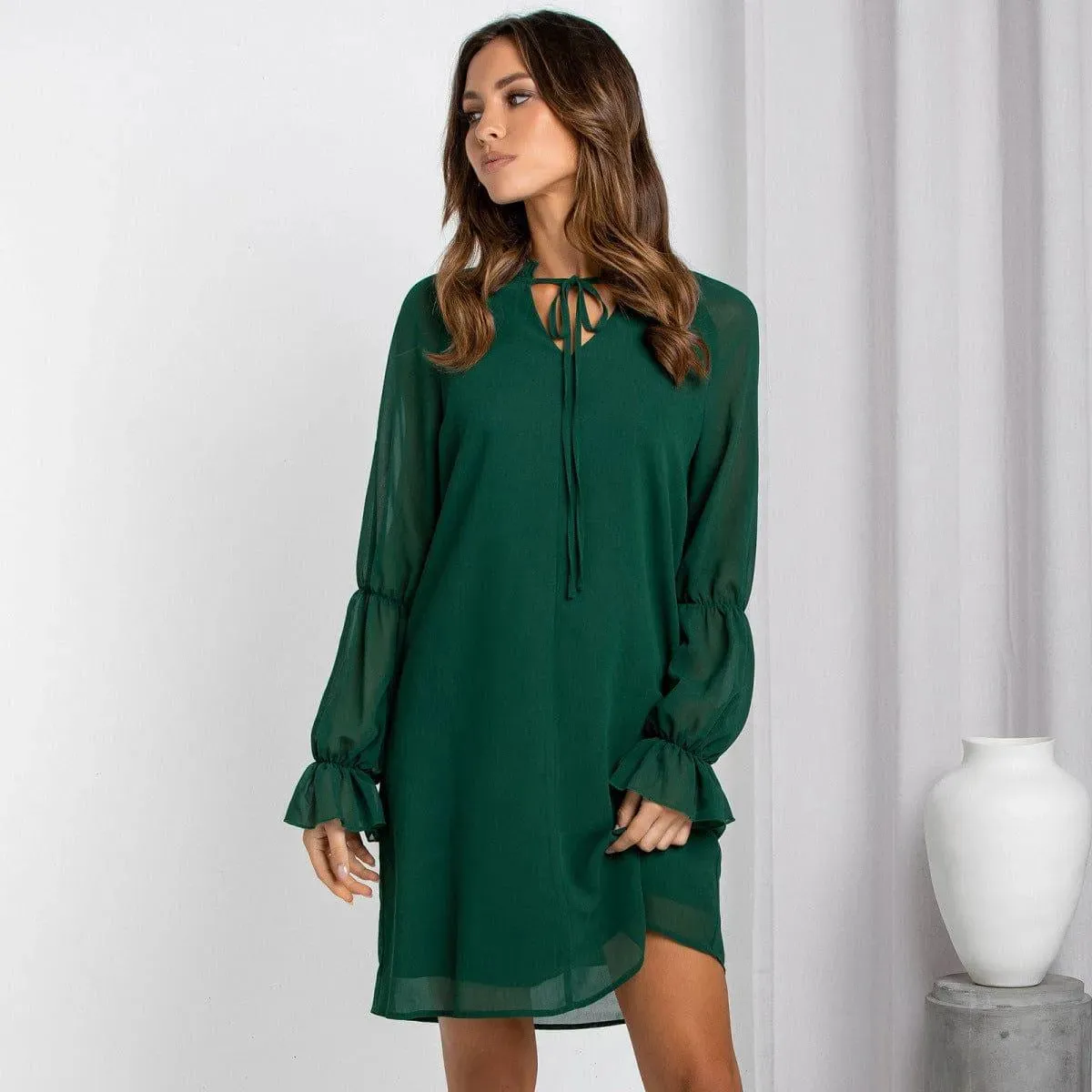 Long Sleeve Tie Neck Bell Sleeve Dress