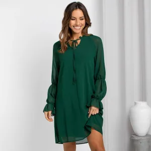 Long Sleeve Tie Neck Bell Sleeve Dress