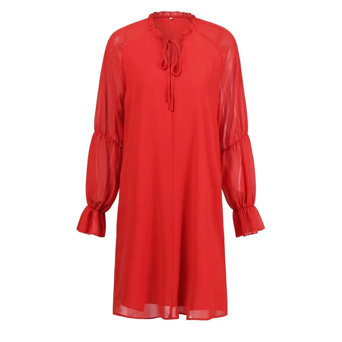 Long Sleeve Tie Neck Bell Sleeve Dress