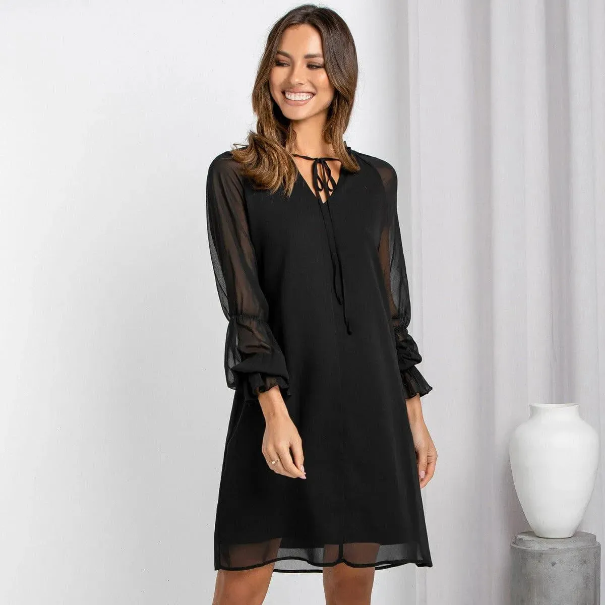 Long Sleeve Tie Neck Bell Sleeve Dress