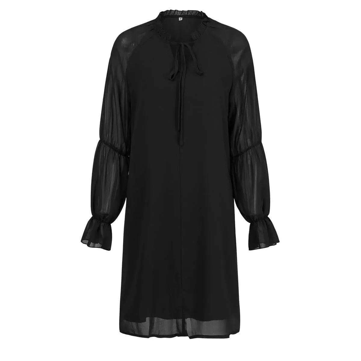 Long Sleeve Tie Neck Bell Sleeve Dress