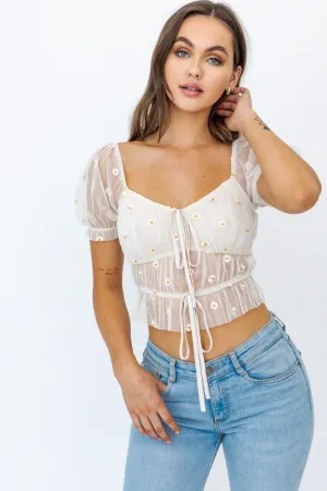 Lula Short Sleeve Ruched Embroidery Crop Top