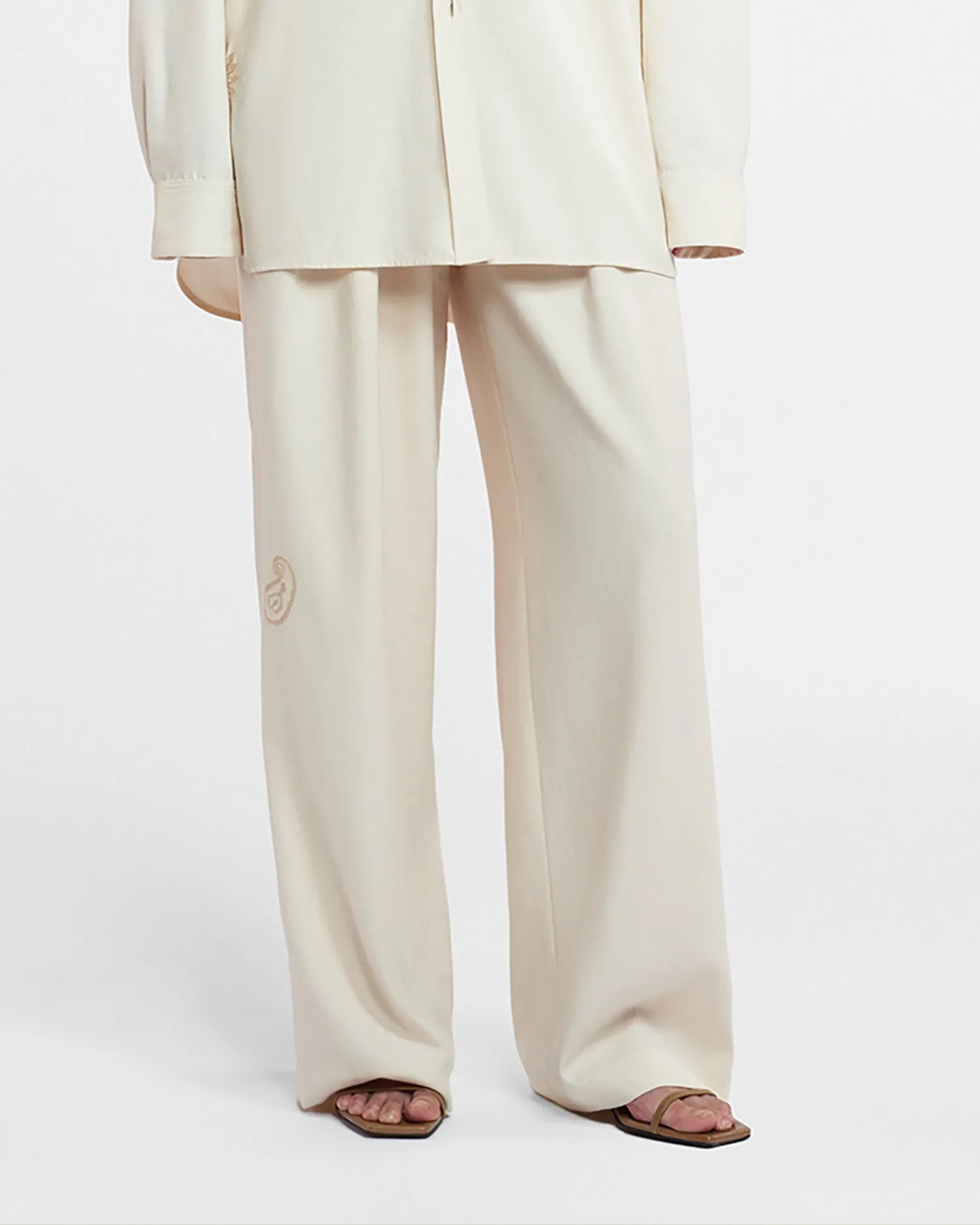 Marika - Sale Embroidered Slub Pants - Creme