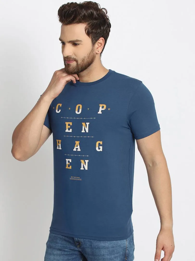 Men's Blue Printed Cotton Round Neck Tees