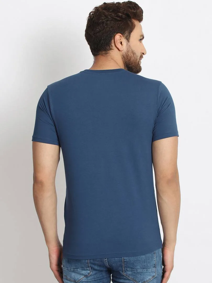 Men's Blue Printed Cotton Round Neck Tees