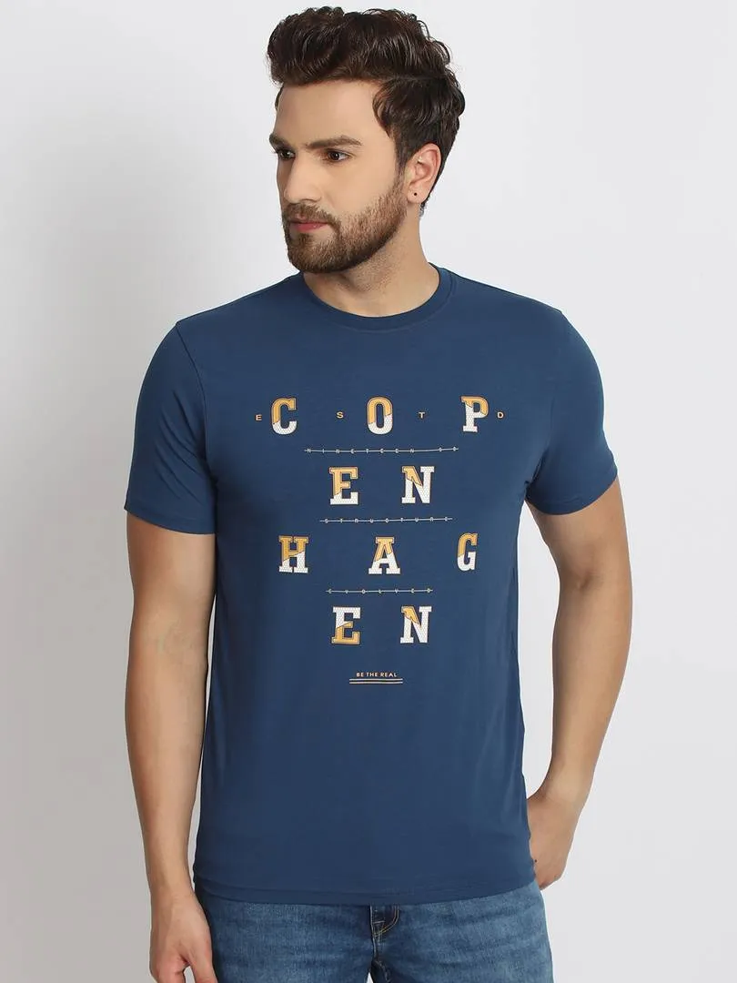 Men's Blue Printed Cotton Round Neck Tees