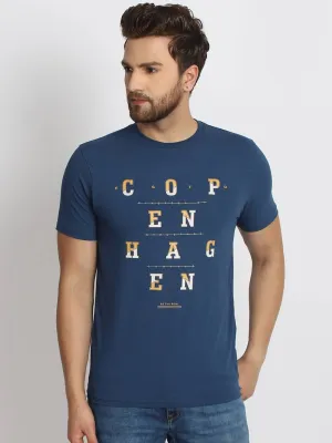 Men's Blue Printed Cotton Round Neck Tees