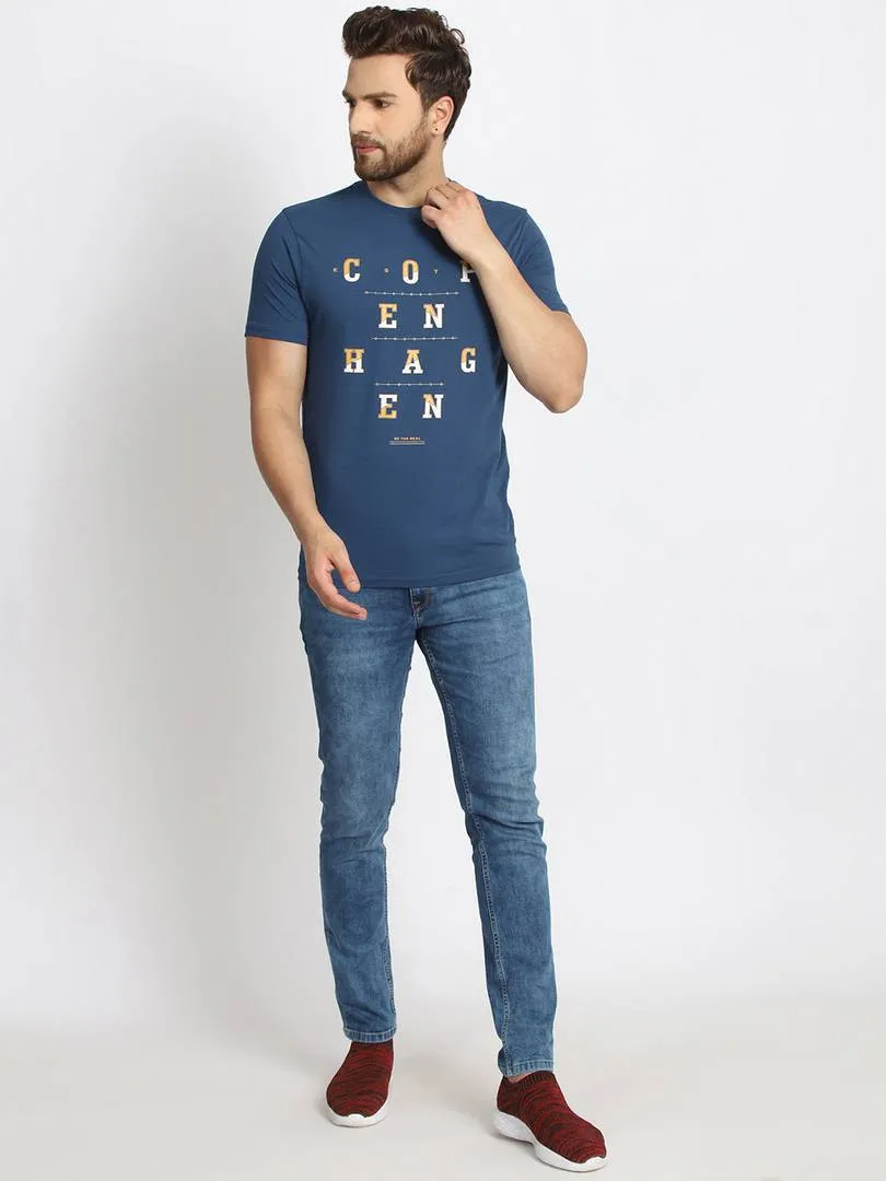 Men's Blue Printed Cotton Round Neck Tees