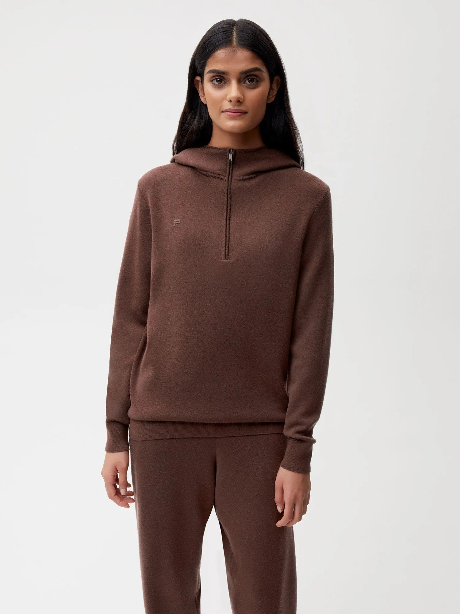 Merino Wool Half Zip Hoodie—chestnut brown