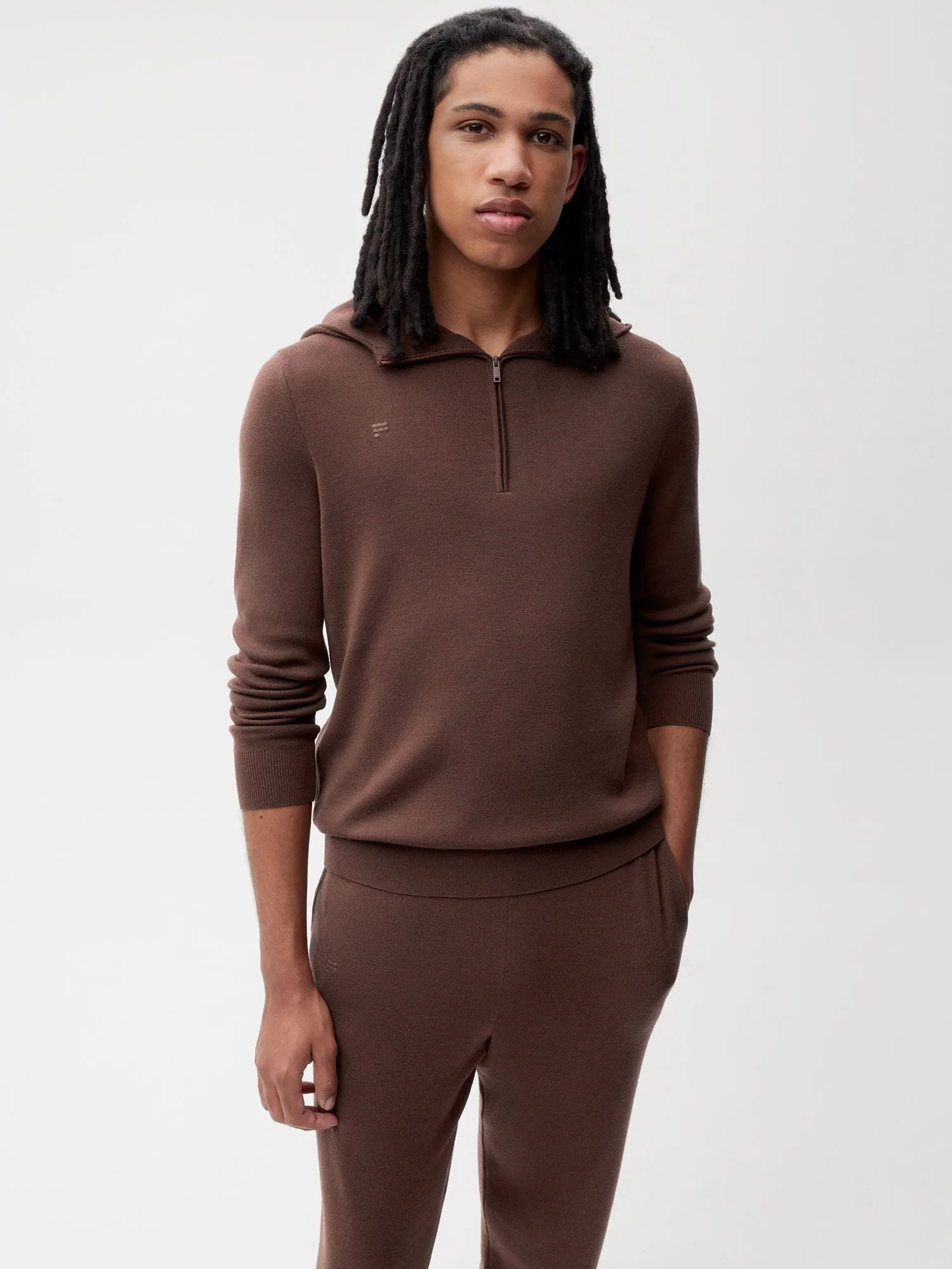 Merino Wool Half Zip Hoodie—chestnut brown