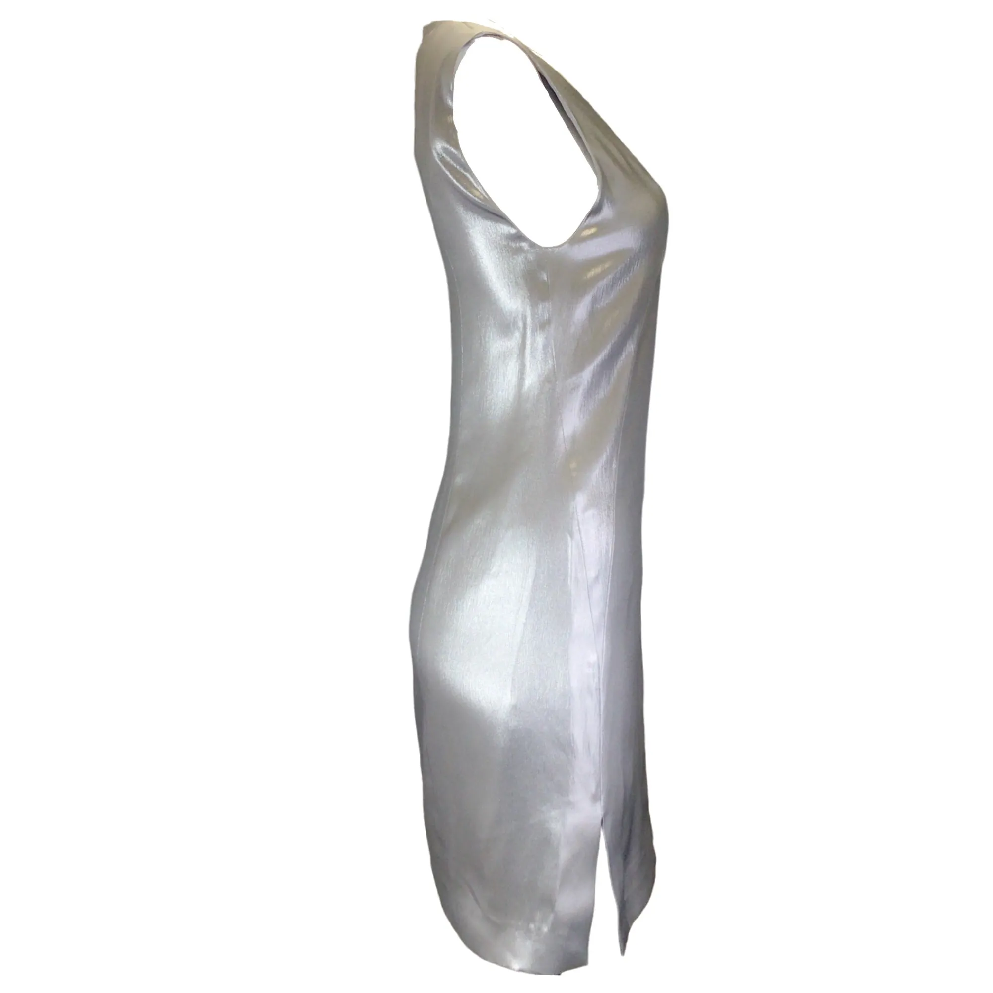 Narciso Rodriguez Silver Metallic Sleeveless Silk Satin Dress in Mercury