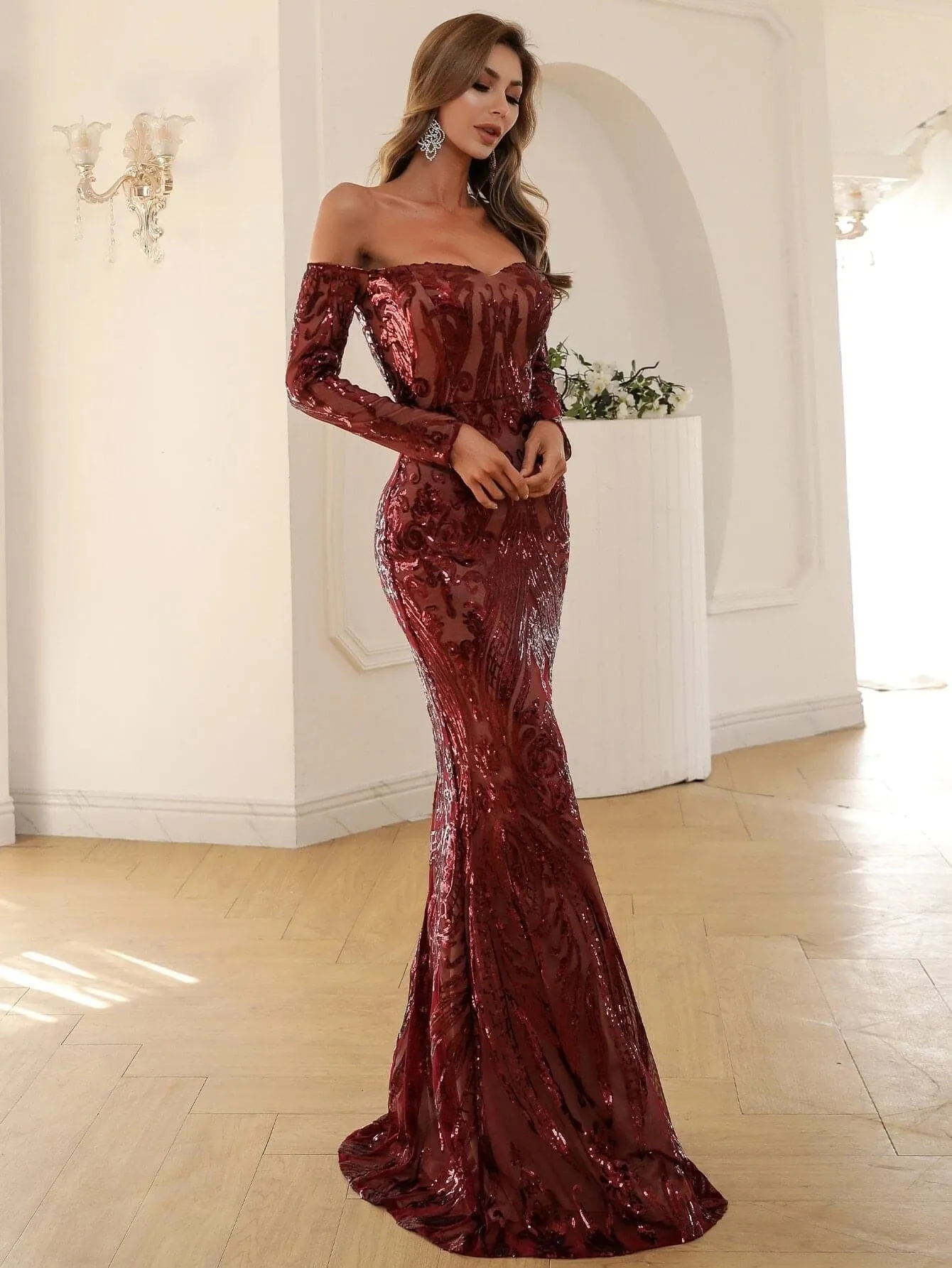 Off Shoulder Sequin Mermaid Prom Dress FT18392