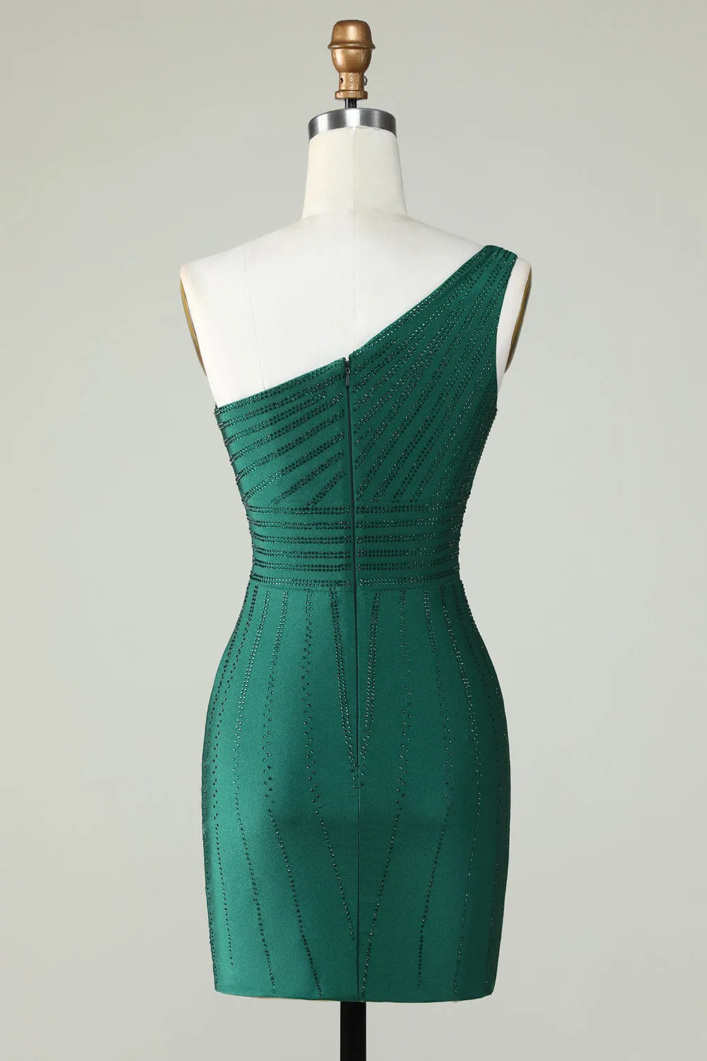 One-Shoulder Dark Green Sheath Homecoming Dress with Beading