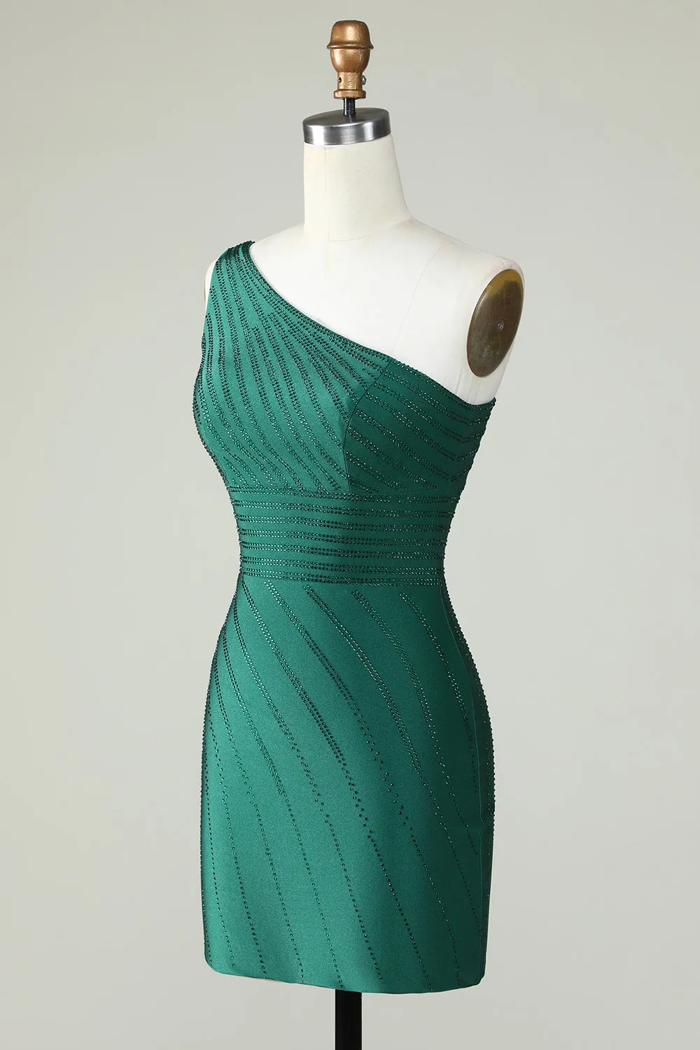 One-Shoulder Dark Green Sheath Homecoming Dress with Beading